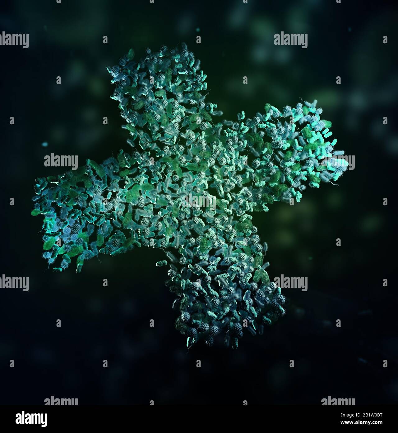 Bacteria forming a cross - microbiome and probiotics concept 3D illustration. Stock Photo