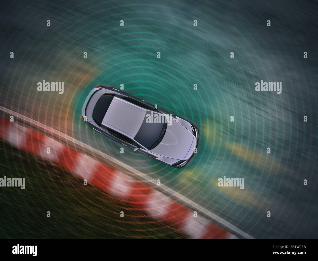 Autonomous driving concept illustration - 3d rendering showing a top down view of lidar sensor use Stock Photo
