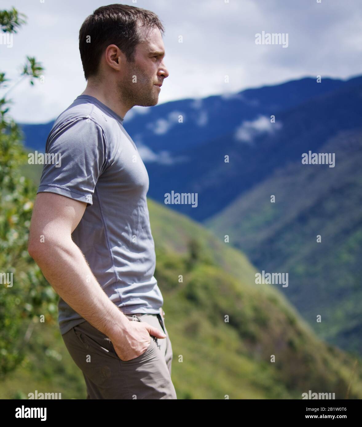 Occidental trekker in the Baliem Valley - Occidental Papua, Indonesia Stock Photo