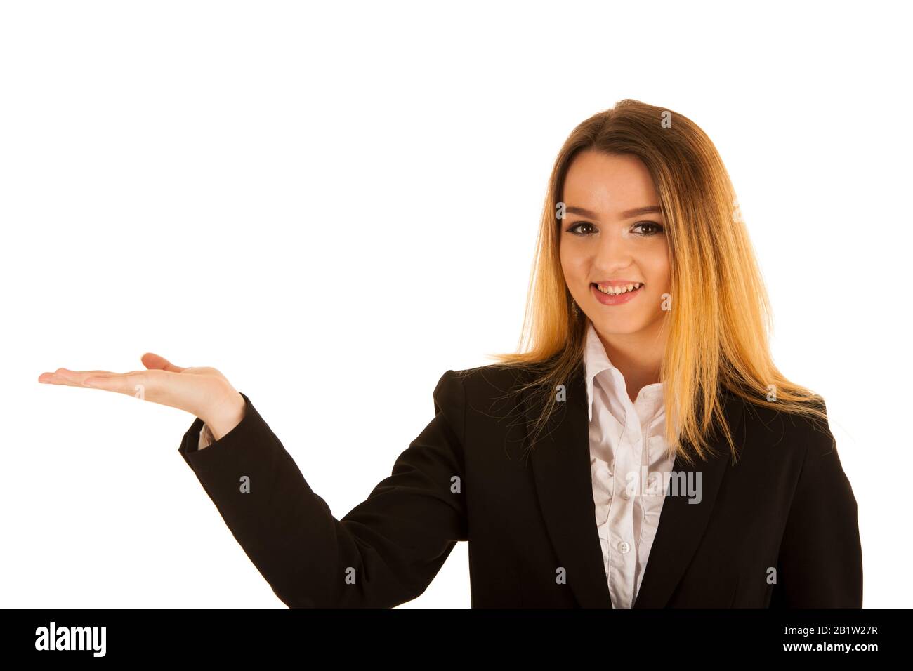 business woman holds hand over copy space for marketing a product Stock Photo