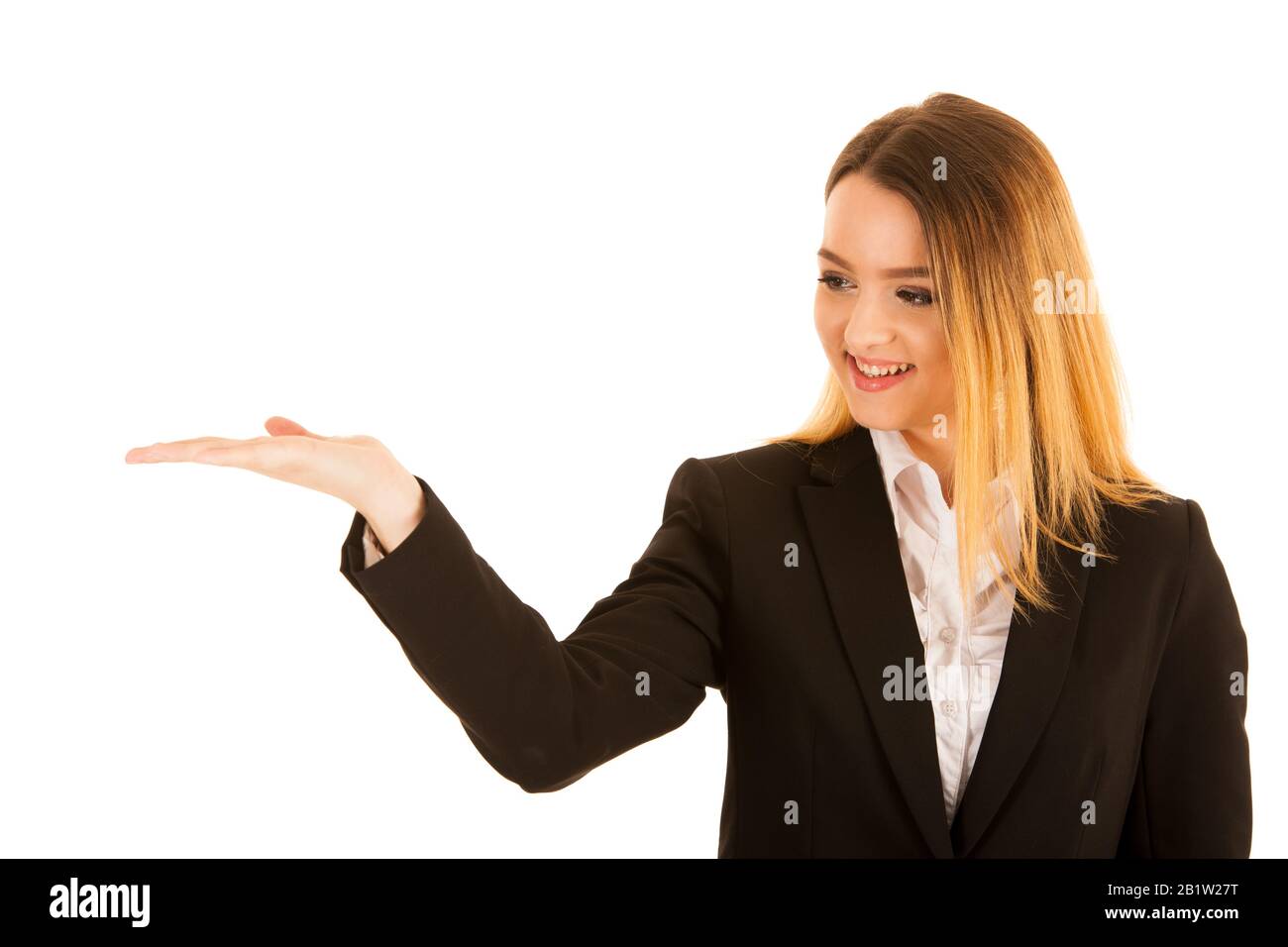 business woman holds hand over copy space for marketing a product Stock Photo
