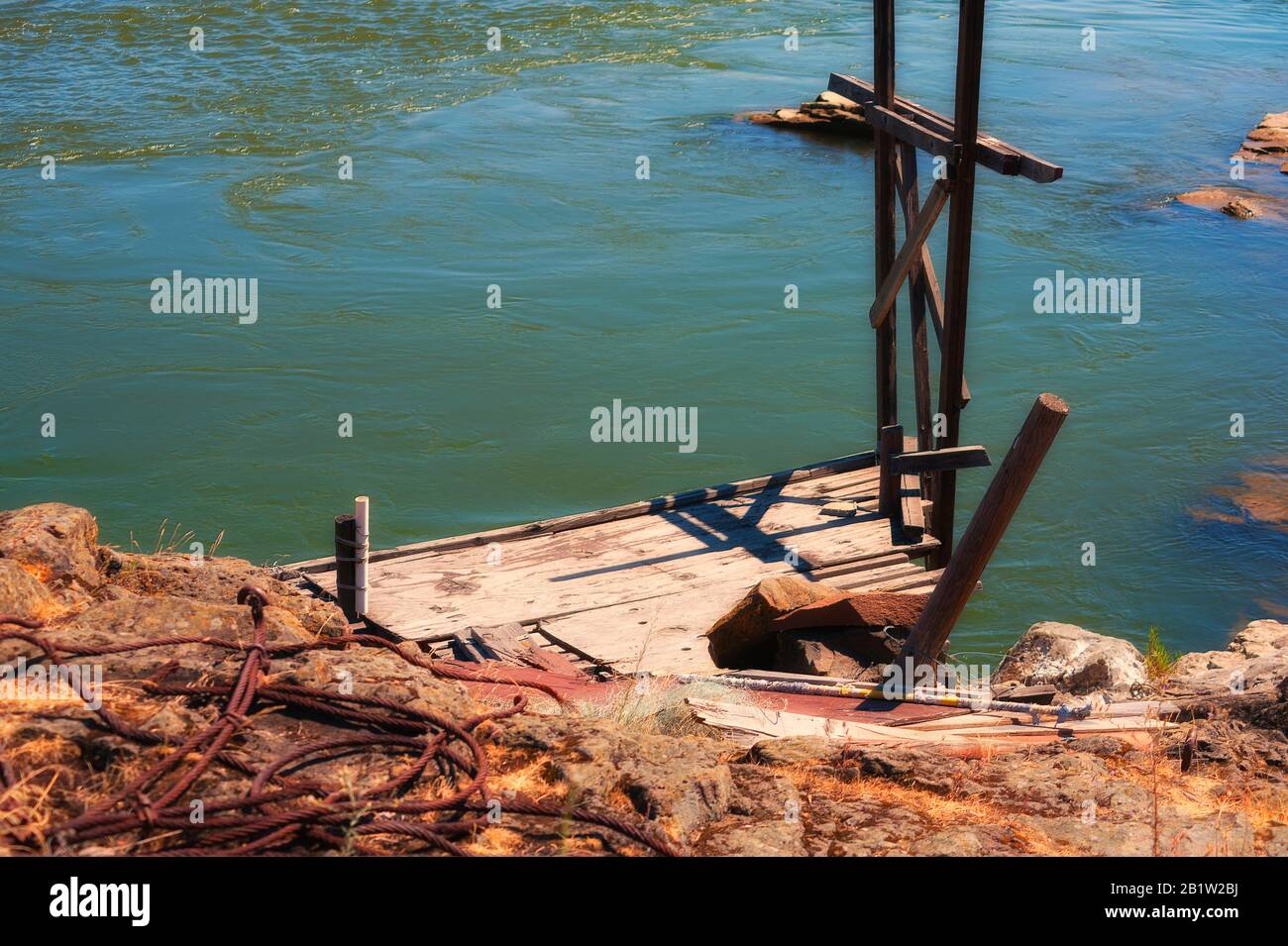Indian fishing platforms line the shores of the Columbia River in The