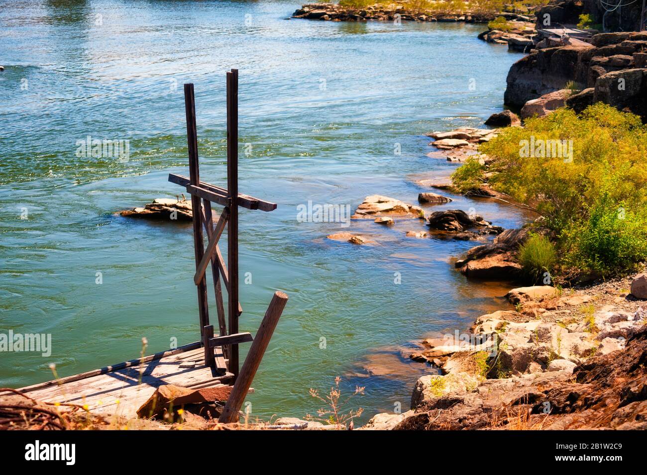 Indian fishing platforms line the shores of the Columbia River in The