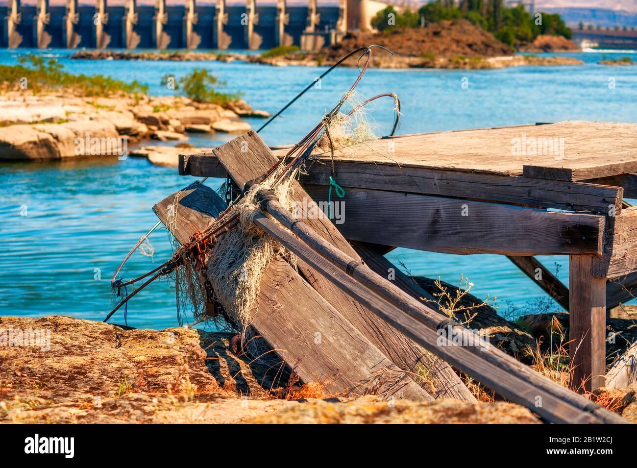 Fishing platforms Indians use to net fish near The Dalles Dam, in The