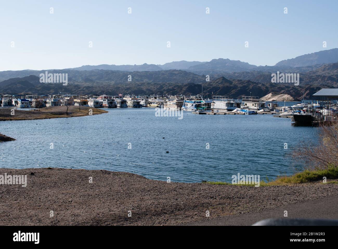 House boats docked at Lake Mohave Stock Photo
