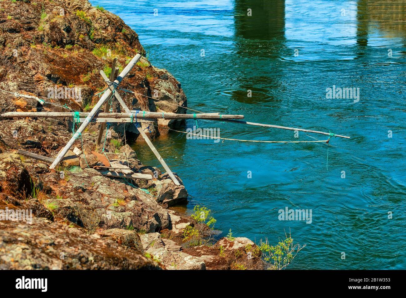 Fishing platforms Indians use to net fish in The Dalles, Oregon along