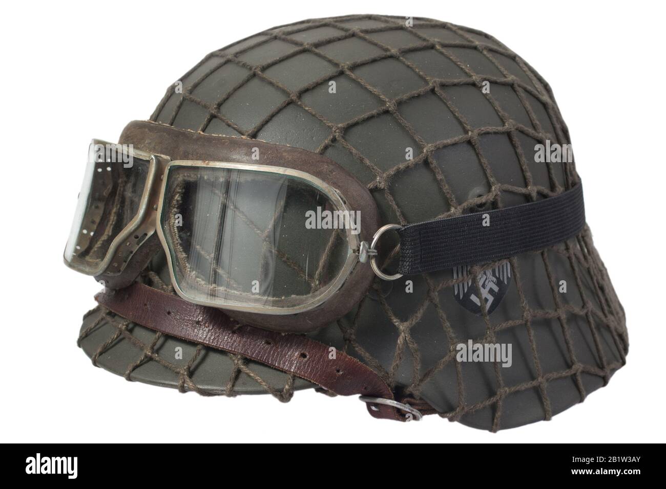 camouflaged nazi army german helmet with mesh helmet net cover and protective goggles isolated on white background Stock Photo