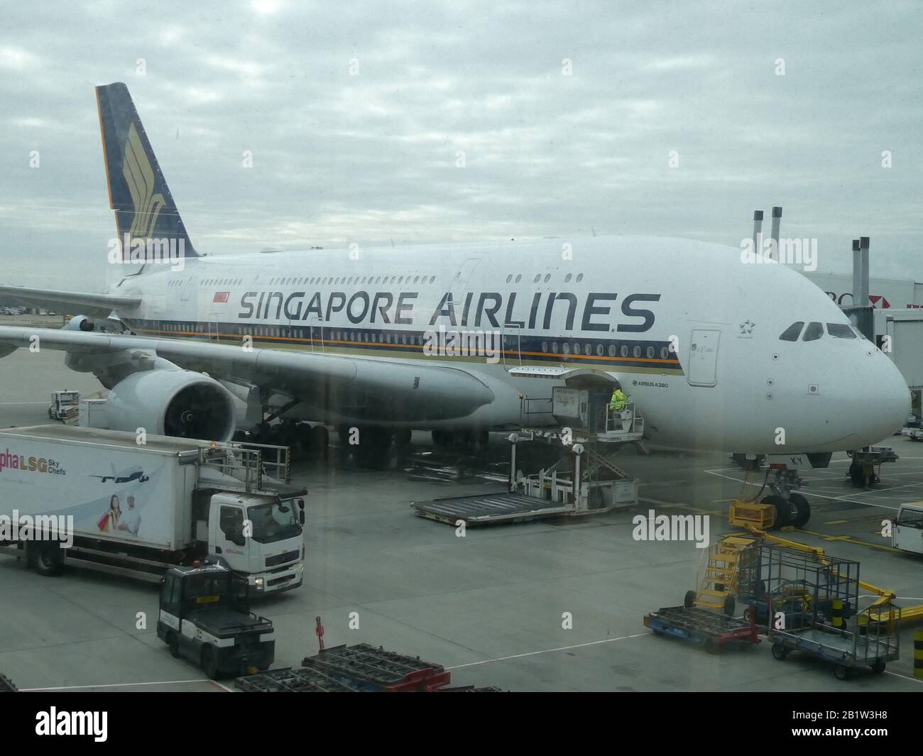 Singapore Airlines A380 Plane docked at London Heathrow Airport Stock Photo