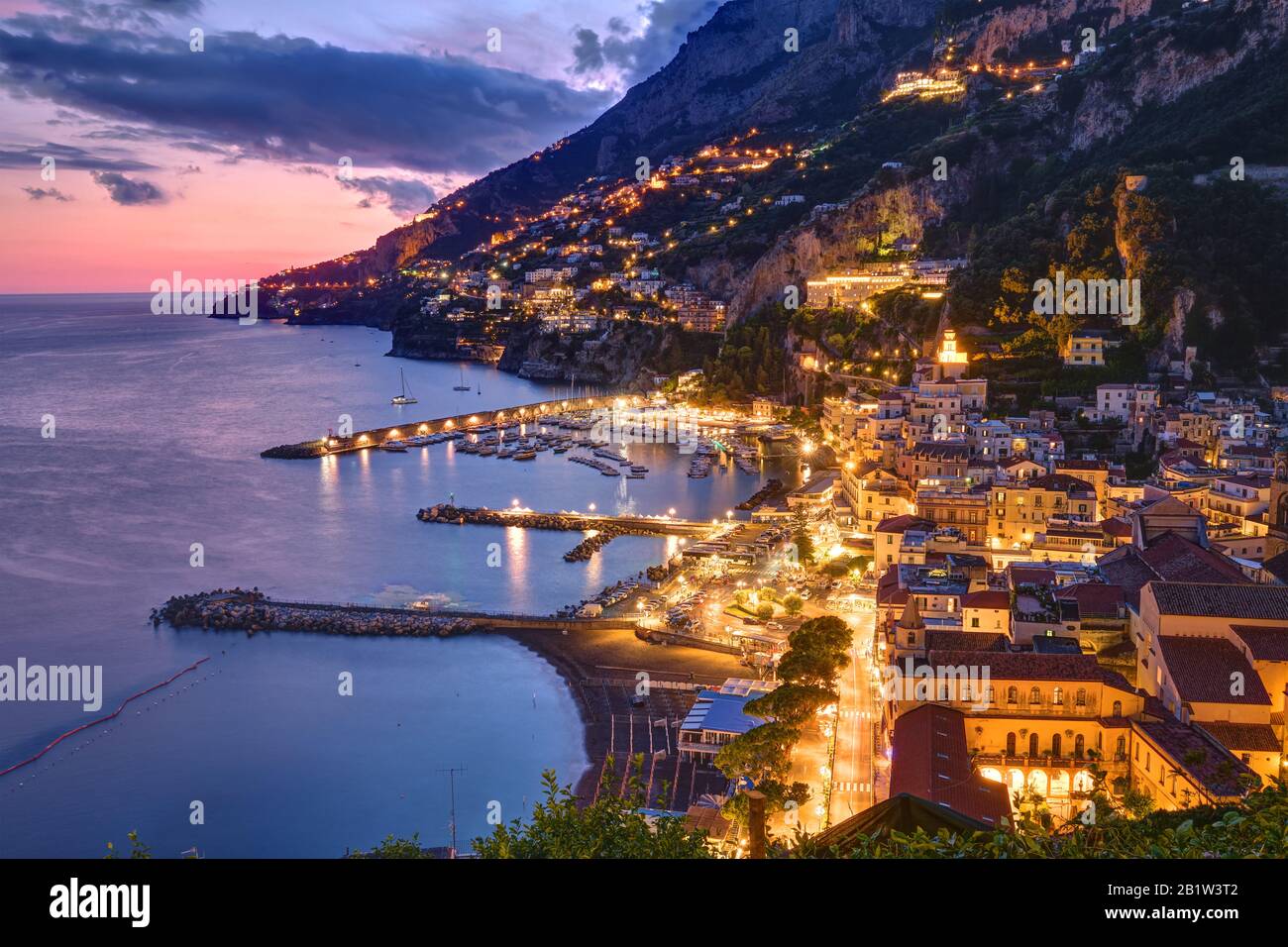The beautiful coastal village of Amalfi in Italy at twilight Stock Photo