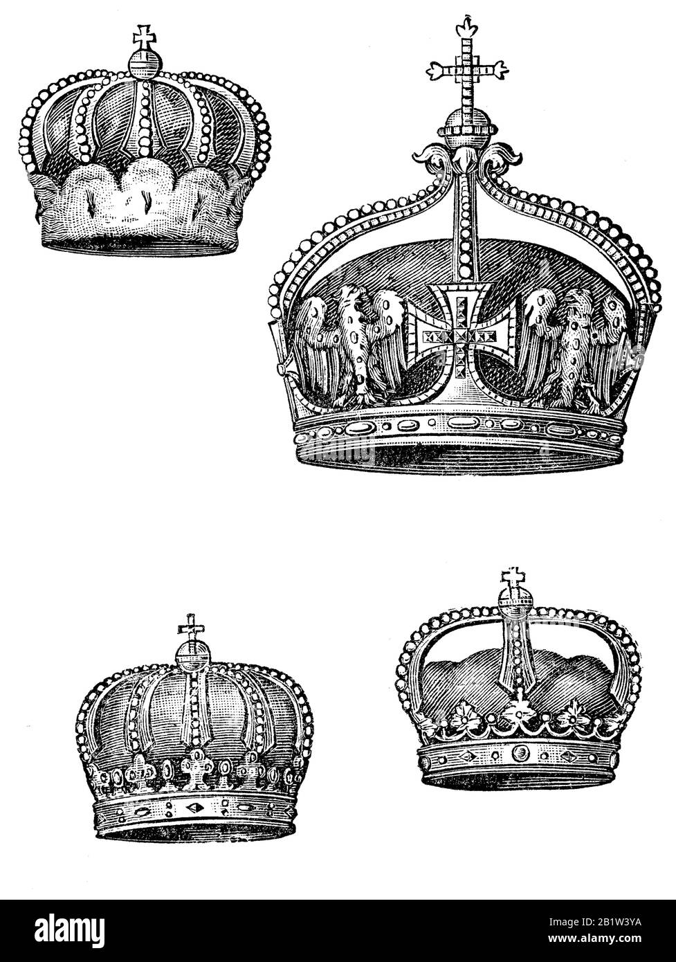 Crowns, elector's hat, crown of the German crown prince, crown of princes from royal houses, crown of hereditary princes from ducal houses  /  Kronen, Kurfürstenhut, Krone des deutschen Kronprinzen, Krone der Prinzen aus königlichen Häusern, Krone der Erbprinzen aus herzoglichen Häusern, Historisch, digital improved reproduction of an original from the 19th century / digitale Reproduktion einer Originalvorlage aus dem 19. Jahrhundert Stock Photo