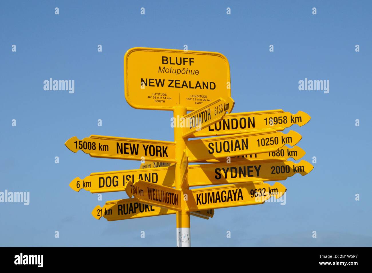 The much-visited and photographed sign post at Sterling Point on the outskirts of the port of Bluff on New Zealand's South Island. Stock Photo