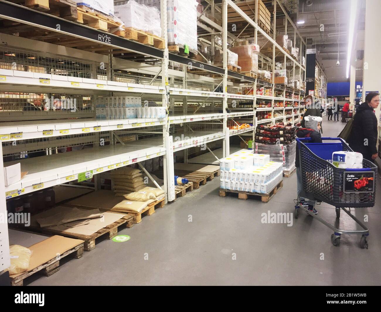 Half empty shelves in Makro store in shopping zone Pruhonice - Cestlice, Czech Republic, February 27, 2020, even it is no reason to panic or buy out f Stock Photo