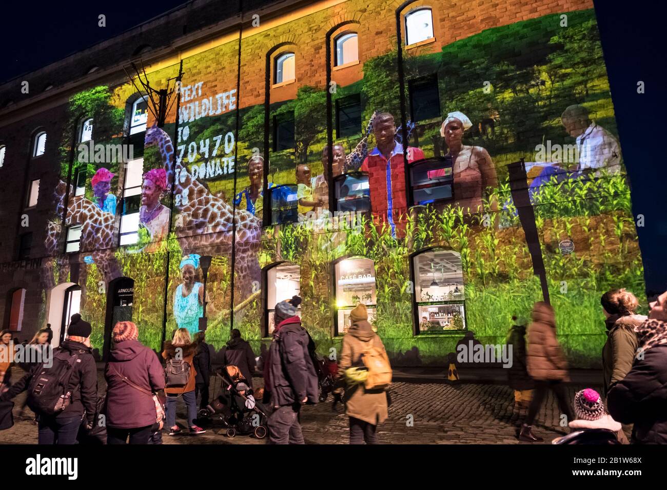 Bristol, UK. 27th Feb, 2020. Local artists light up the City of Bristol  with interactive light installations. Pictured is “Wildlife on the  Waterfront” on the Arnolfini Gallery by the Charity Send a