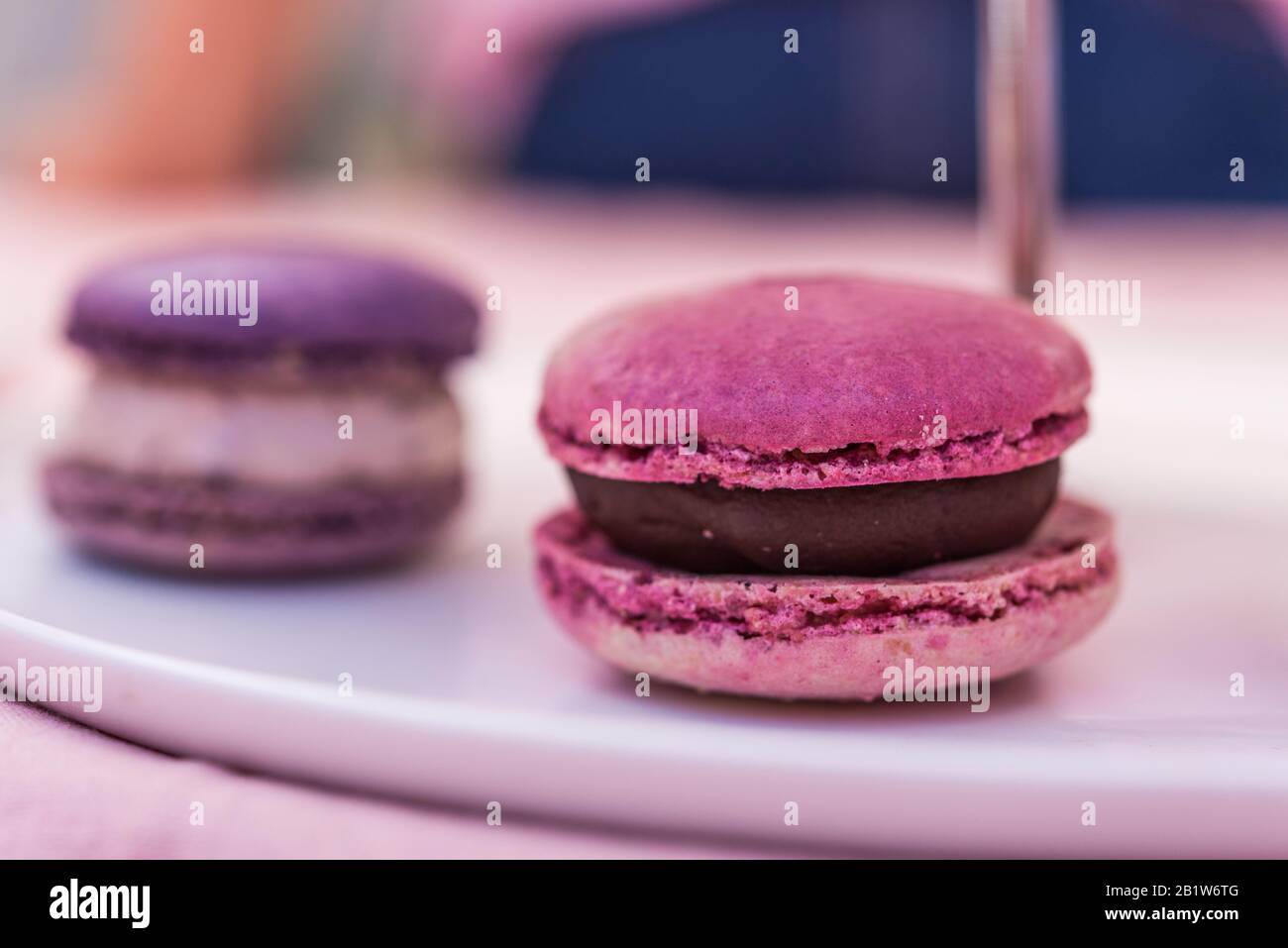 Close up of a colorful macaron cookie cake dessert. Stock Photo