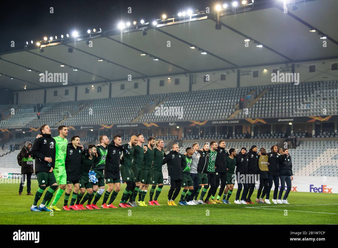 Malmo Sweden 27th Feb 2020 Europa League Malmo Ff Vfl Wolfsburg Intermediate Round Return Match At Malmo New Stadium Vfl Wolfsburg Players Celebrate After The Game Photo Swen Pfortner Dpa Credit Dpa