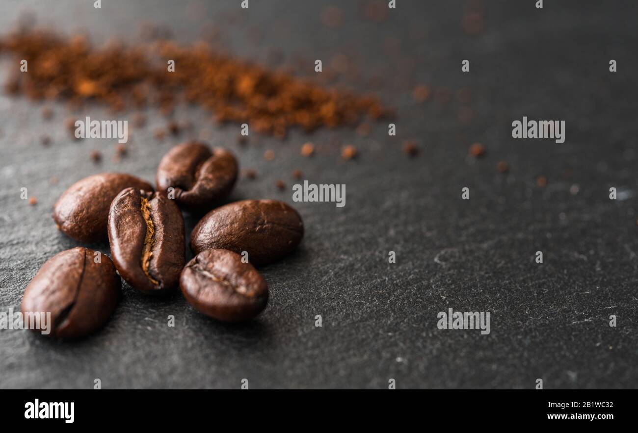 Close up macro photo of roasted coffee beans. Stock Photo