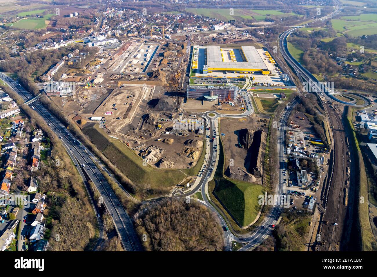 Aerial photo, MARK 51°7 industrial estate, new DHL Logistik Paketzentrum, former Opel site, Laer district, Bochum, Ruhr area, North Rhine-Westphalia, Stock Photo