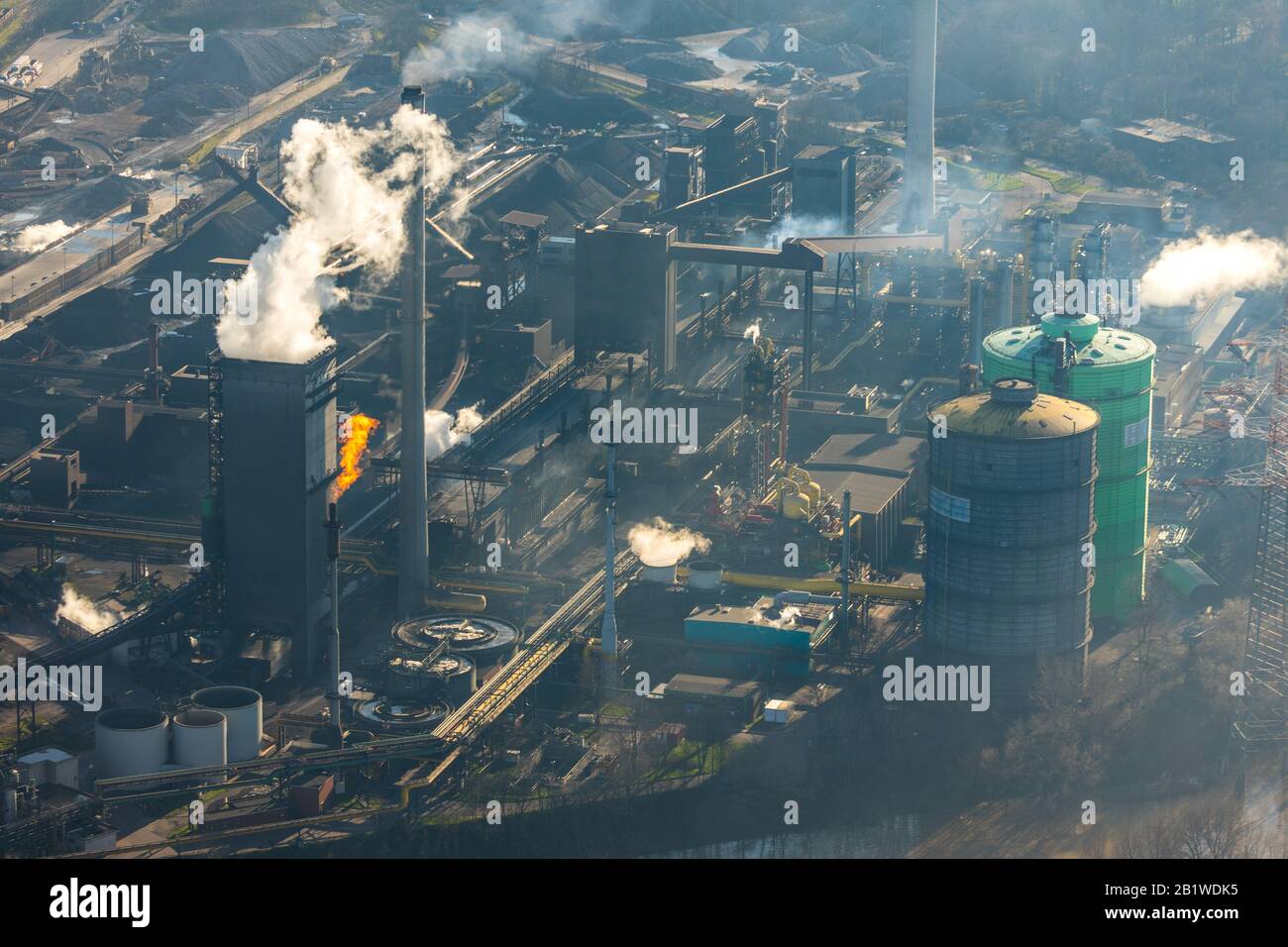 Aerial photograph, factory premises and factory harbour of the steelworks Krupp Mannesmann HKM, Duisburg, Ruhr area, North Rhine-Westphalia, Germany, Stock Photo