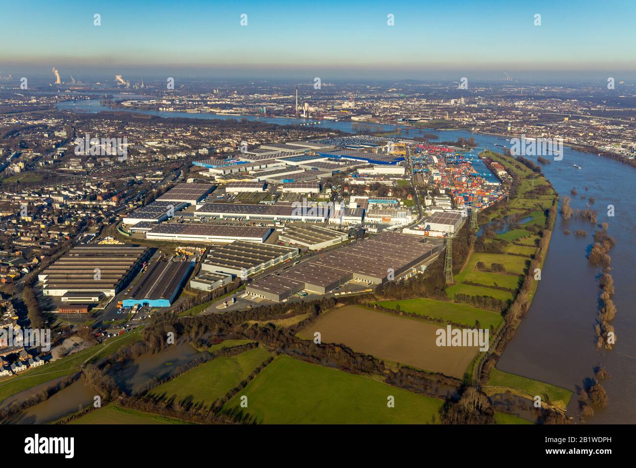 Aerial photograph, Duisburger Hafen AG, Friemersheim, River Rhine, Logistics and Terminal Company, Port of Rheinhausen, Duisburg, Ruhr Area, North Rhi Stock Photo