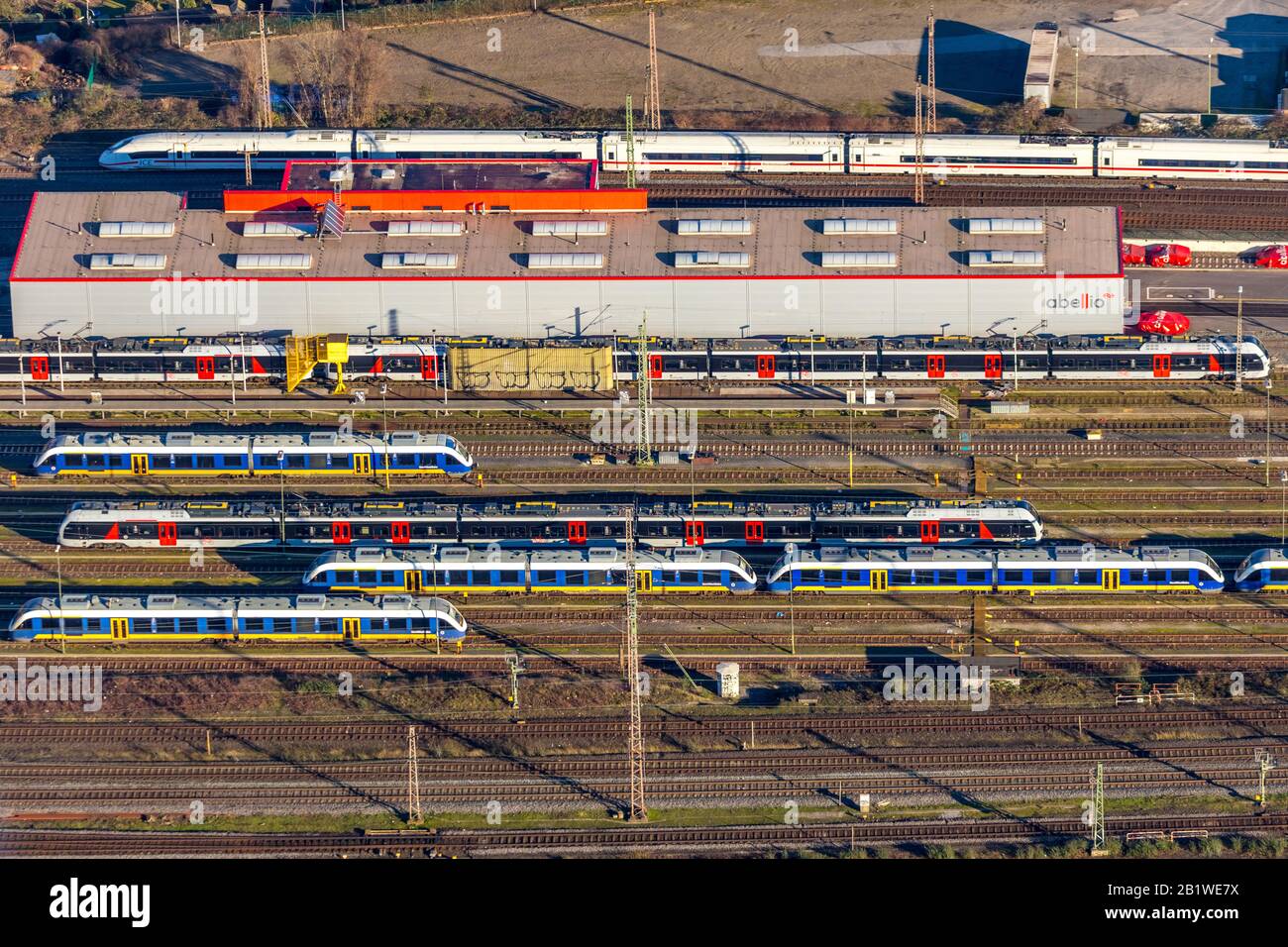 Aerial photo, Abellio Rail NRW - maintenance workshop Duisburg, S-Bahn trains, Duisburg, Ruhr area, North Rhine-Westphalia, Germany, railway tracks, D Stock Photo