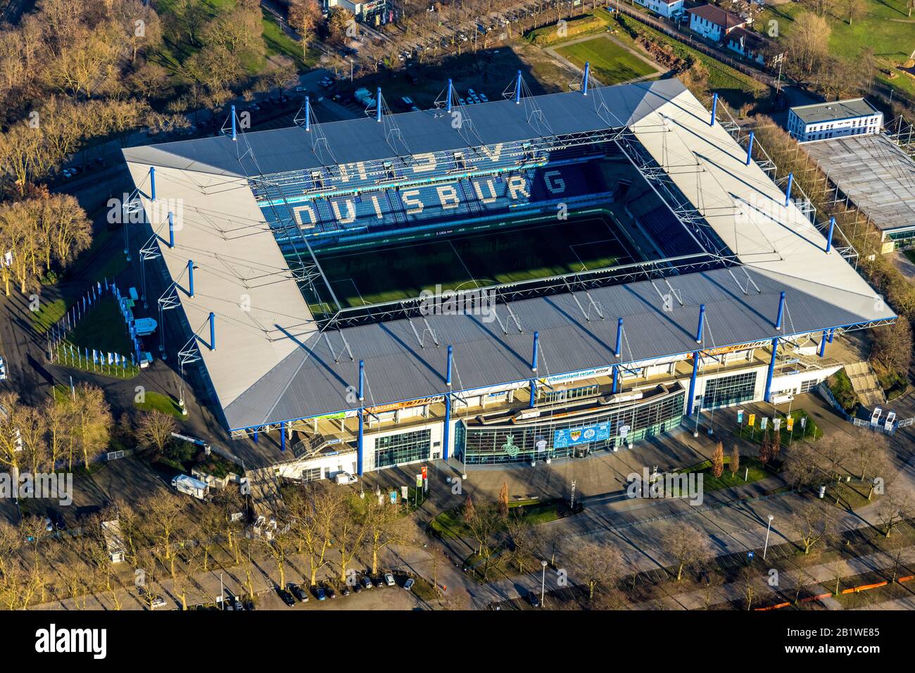 Aerial photo, football stadium Schauinsland-Reisen-Arena, MSV Duisburg Arena, sports park Duisburg, Duisburg, Ruhr area, North Rhine-Westphalia, Germa Stock Photo