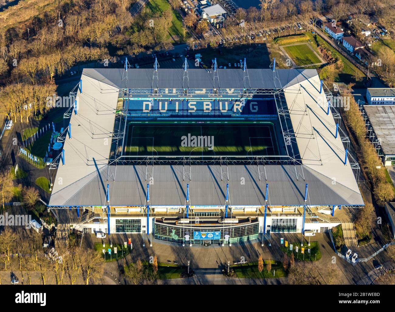 Aerial photo, football stadium Schauinsland-Reisen-Arena, MSV Duisburg Arena, sports park Duisburg, Duisburg, Ruhr area, North Rhine-Westphalia, Germa Stock Photo