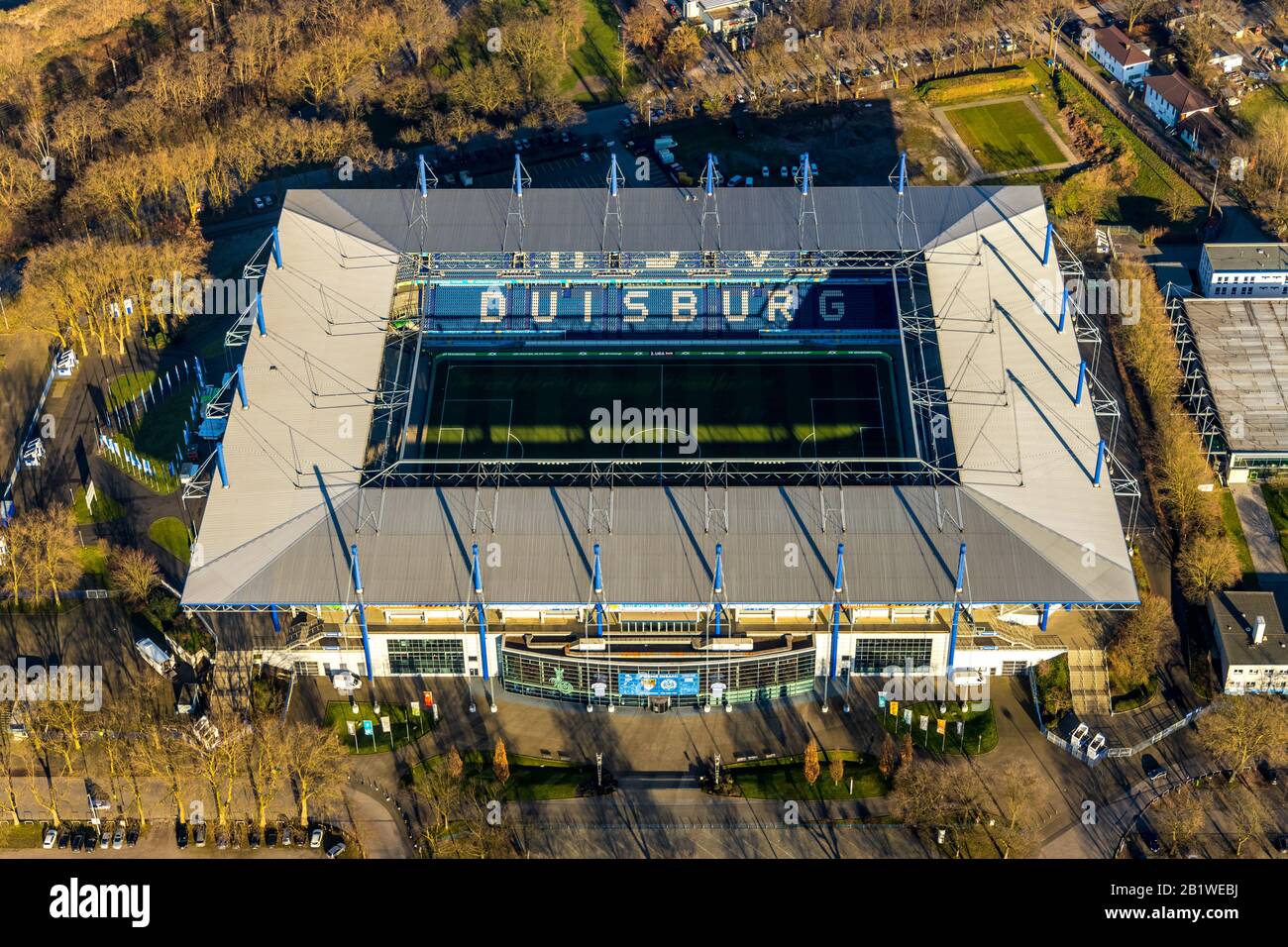Aerial photo, football stadium Schauinsland-Reisen-Arena, MSV Duisburg Arena, sports park Duisburg, Duisburg, Ruhr area, North Rhine-Westphalia, Germa Stock Photo