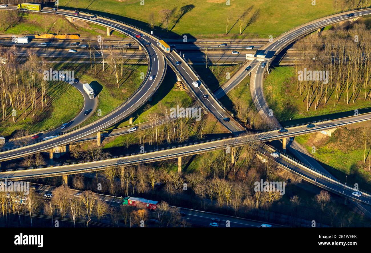 Aerial photo, motorway junction Kaiserberg, spaghetti junction Kaiserberg, river Ruhr, Duisburg, Ruhr area, North Rhine-Westphalia, Germany, motorway Stock Photo