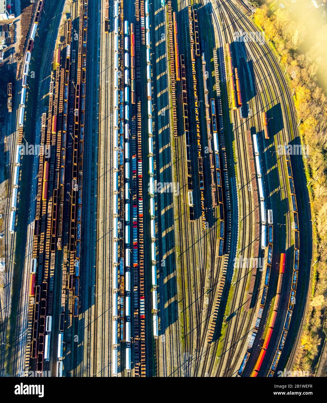 Aerial photograph, railway tracks area thyssenkrupp Steel Europe - Duisburg, Duisburg, Ruhr area, North Rhine-Westphalia, Germany, DE, Europe, commerc Stock Photo