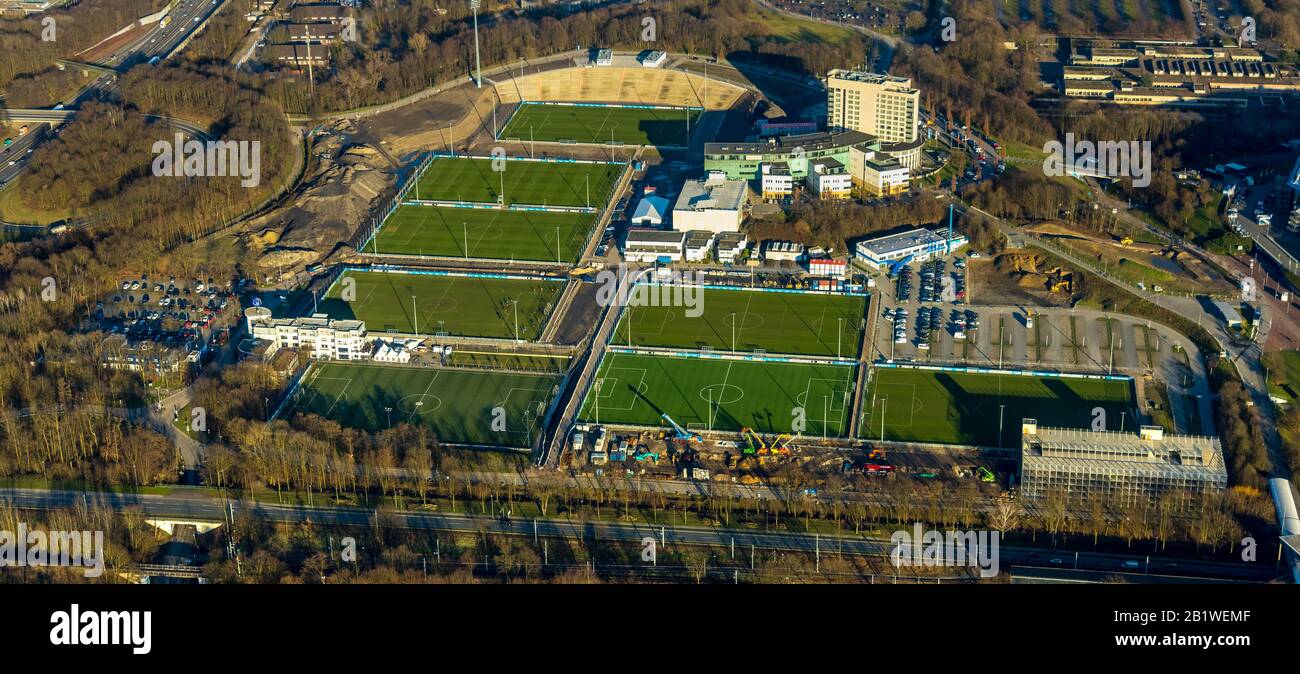 Aerial photo, Schalker Feld, National league stadium, Premier league, football hall, training grounds next to the Veltins-Arena, Schalke 04, at the fo Stock Photo
