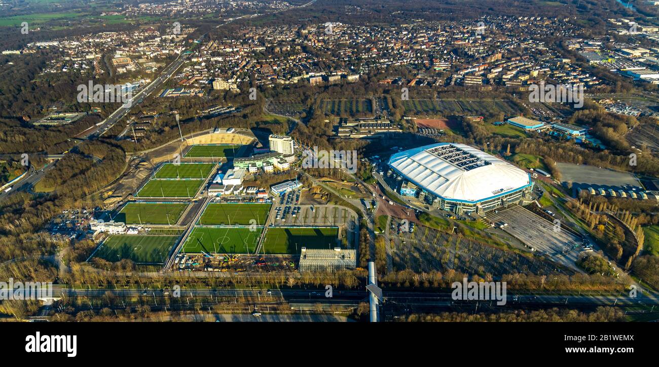 Aerial photo, Schalker Feld, National league stadium, Premier league, football hall, training grounds next to the Veltins-Arena, Schalke 04, at the fo Stock Photo
