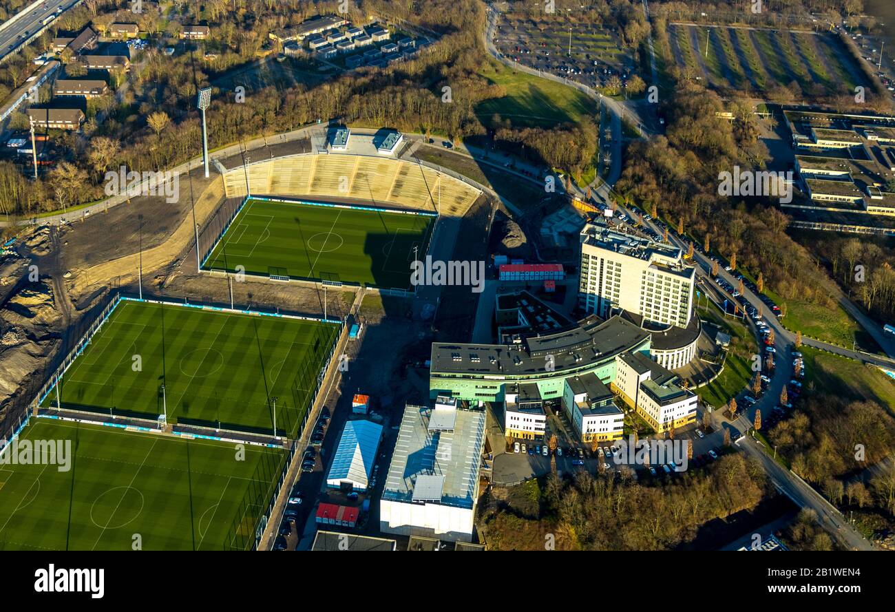 Aerial photo, Schalker Feld, National league stadium, Premier league, football hall, training grounds next to the Veltins-Arena, Schalke 04, at the fo Stock Photo