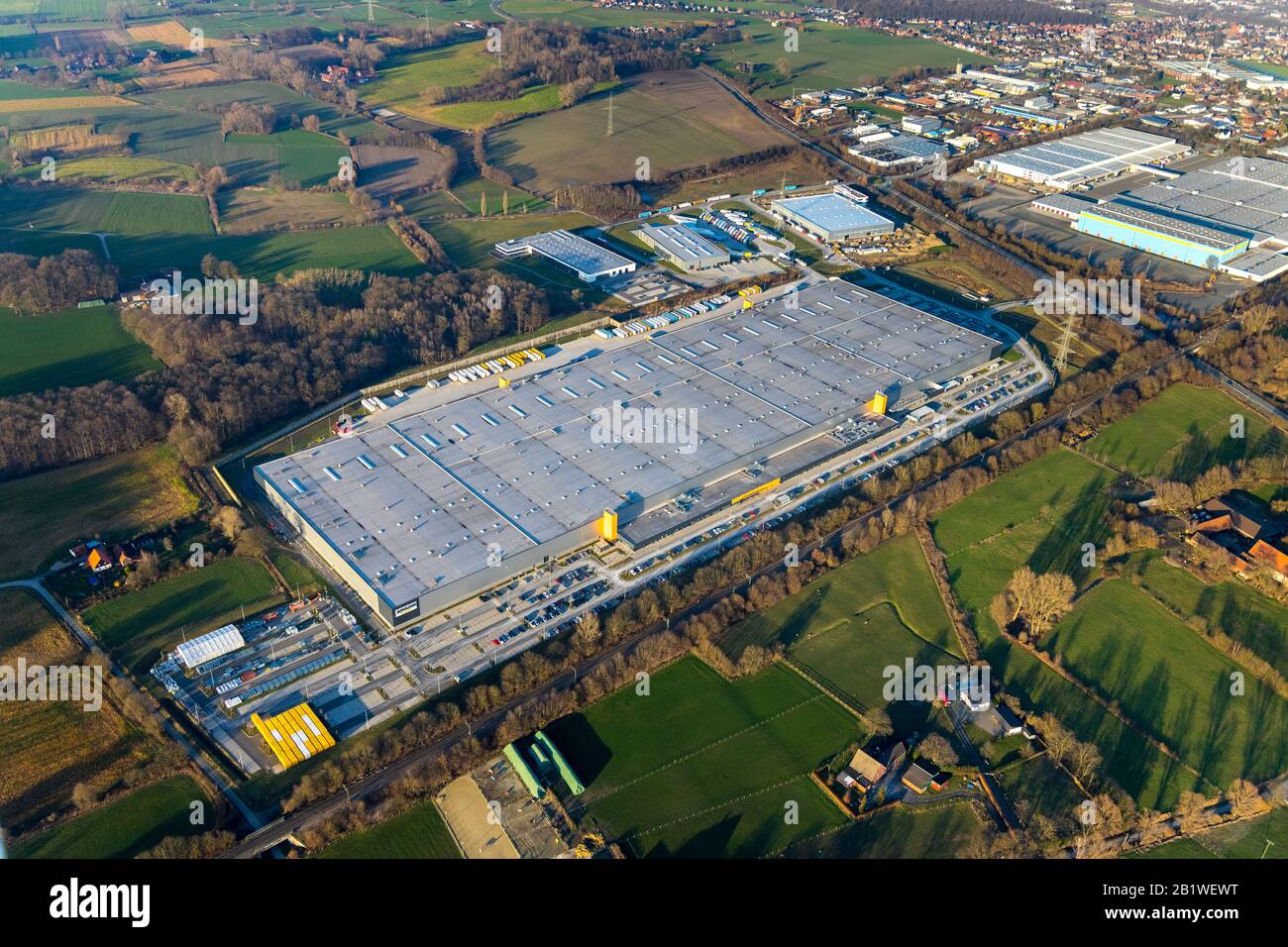 Aerial photo, industrial area in Lenklar, Im Gewerbegebiet Wahrbrink-West, Euroroll GmbH , new production facility, Amazon, Thermo Sensor ,Rollex Förd Stock Photo
