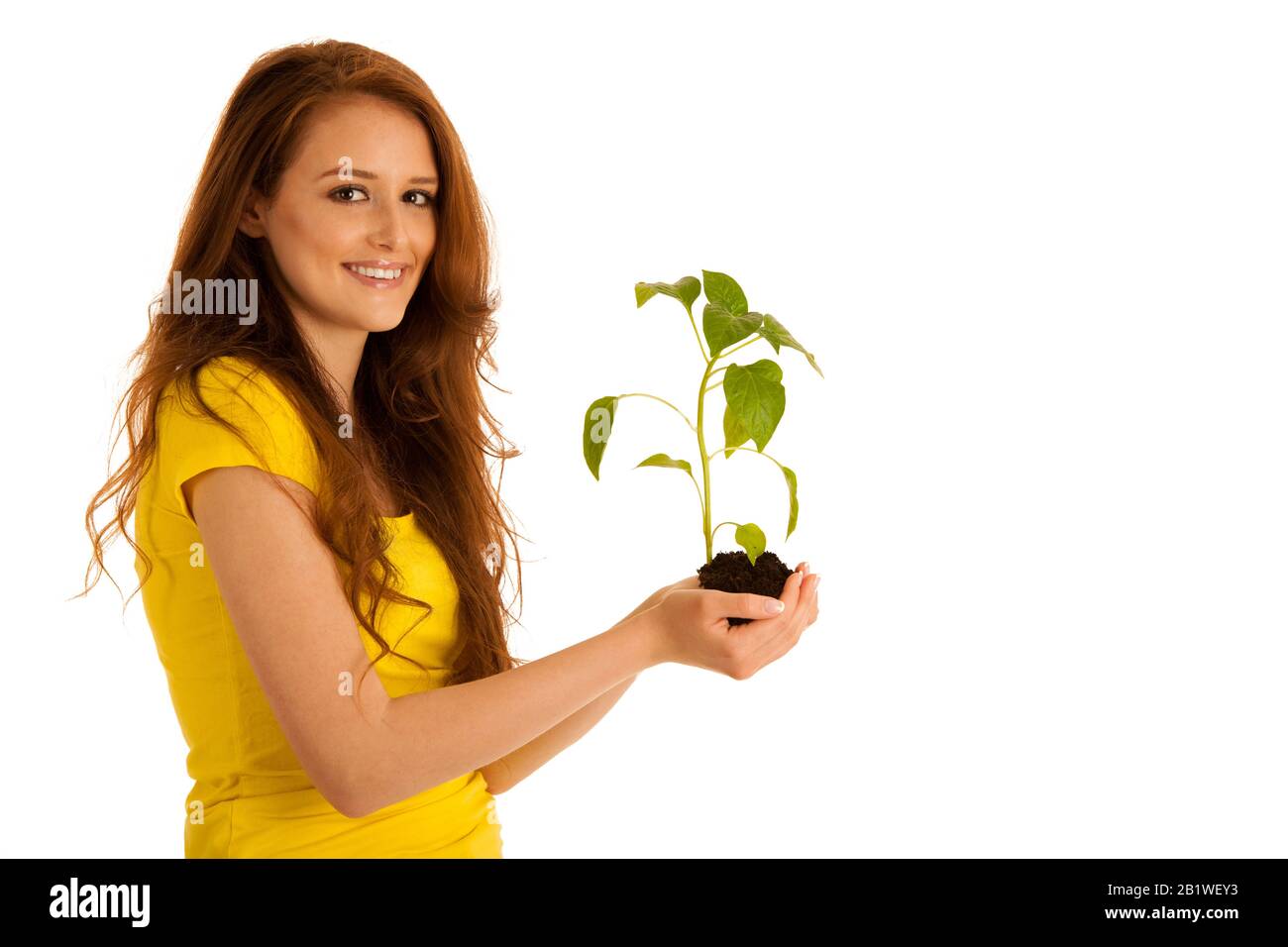 Beautiful young woman holds seedling isolated over white background Stock Photo