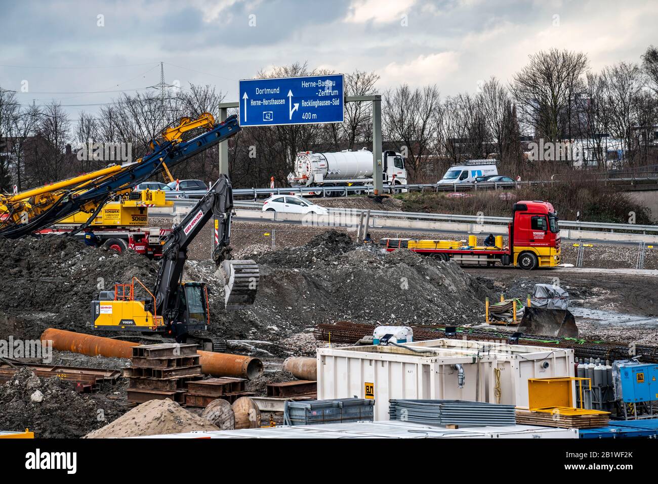 Herne motorway junction, connection of the A42 and A43 motorways, major construction site, complete reconstruction of the Herne junction, with a tunne Stock Photo