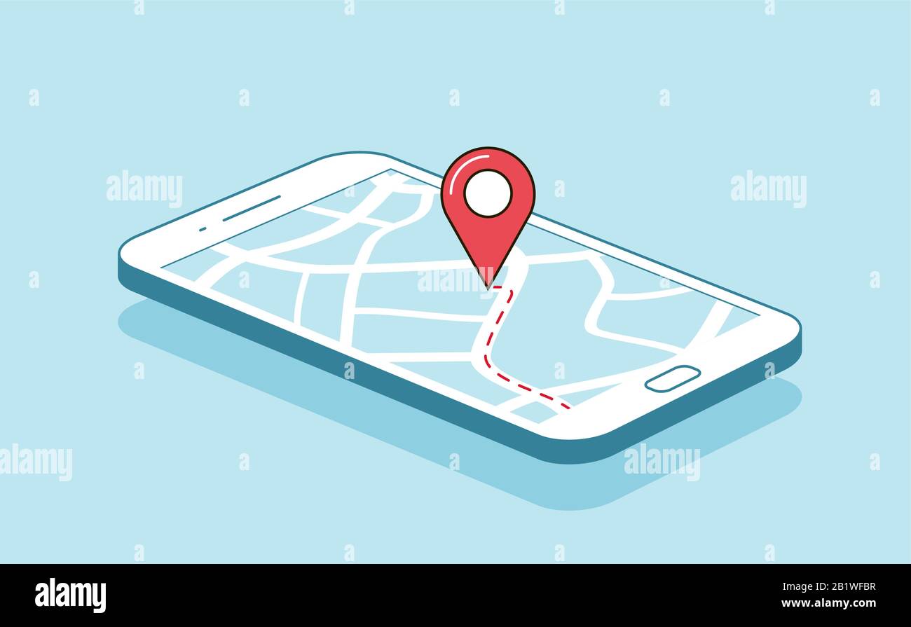 GPS navigation or route with check-in symbol on screen of mobile phone. Vector Stock Vector