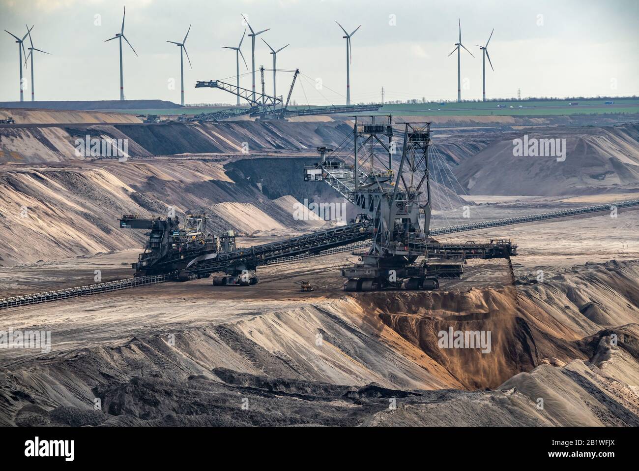 Garzweiler opencast lignite mine, bucket wheel excavator, wind farm, wind power plants, Stock Photo