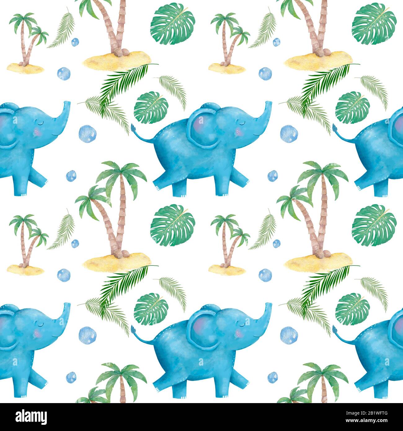 Seamless pattern with cute Elephant and palm. Hand drawn watercolor ...