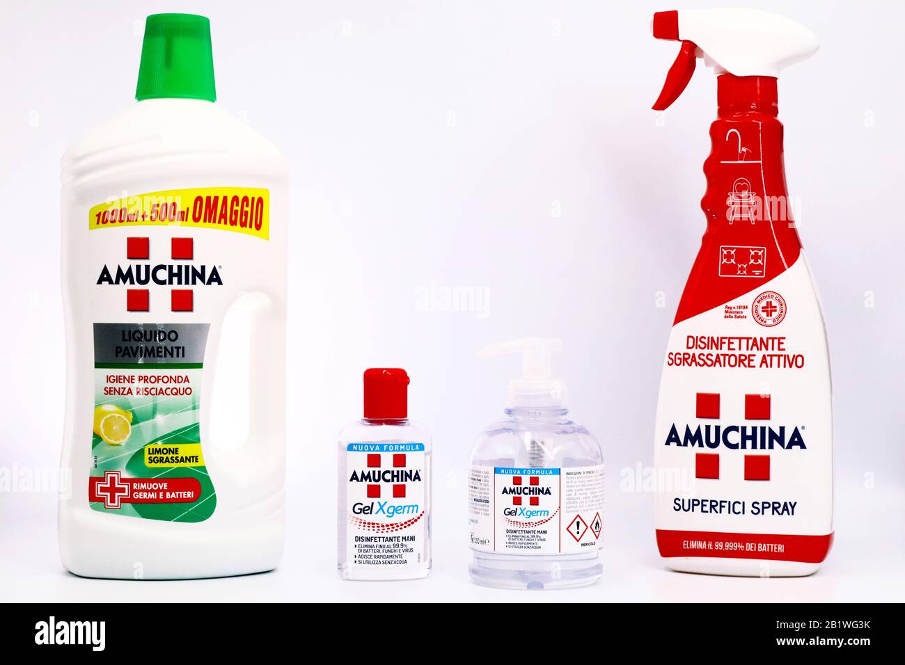 AMUCHINA Gel XGERM Hand Sanitizer and household cleaning detergents.  AMUCHINA is an Italian brand of ACRAF ANGELINI Pharma Stock Photo - Alamy