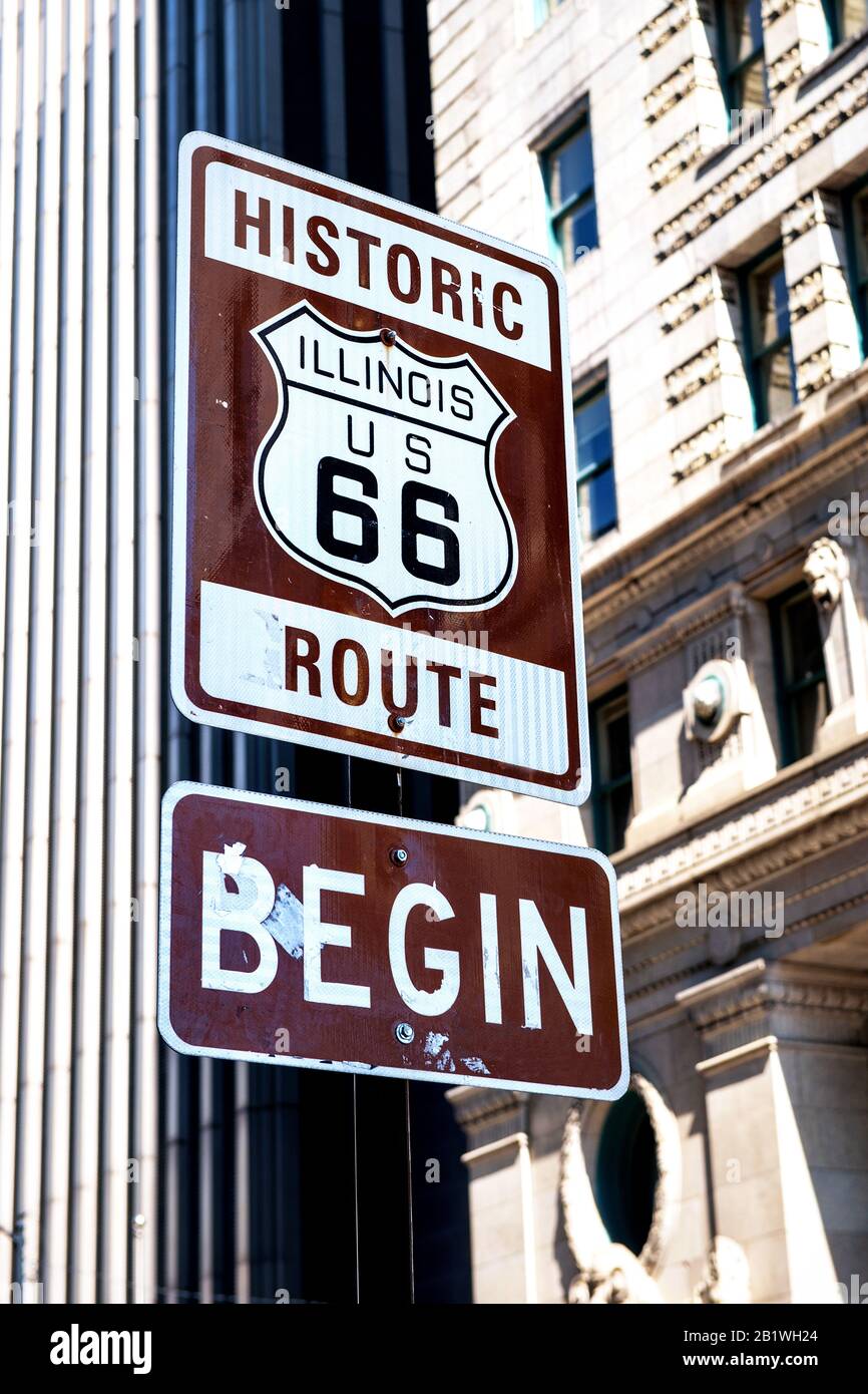 Begin of Route 66 sign in Chicago, Illinois, USA Stock Photo