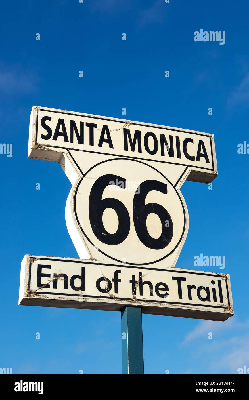 End of the trail / End of Route 66 sign in Santa Monica Pier, California, USA Stock Photo