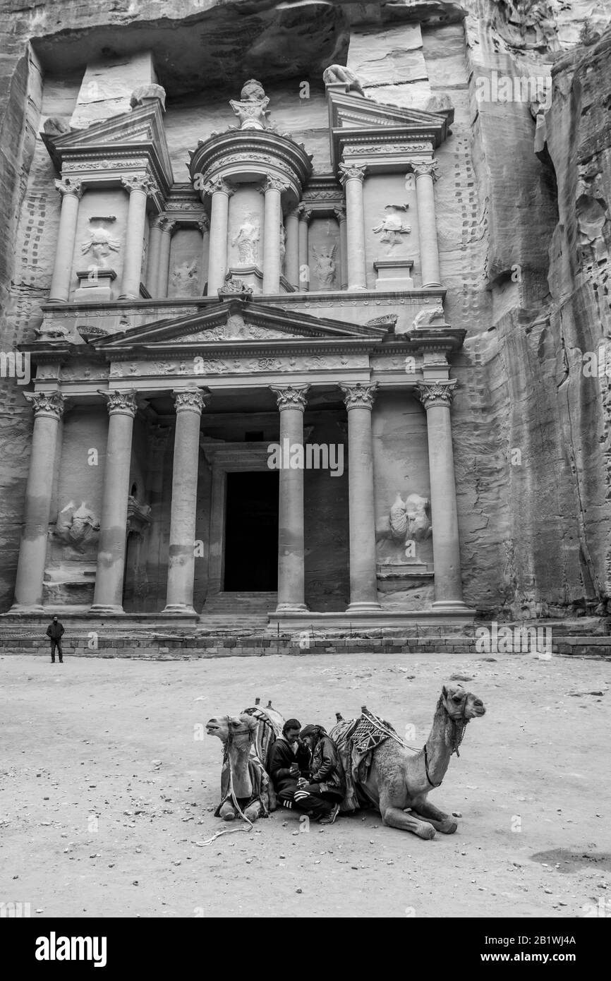 PETRA, JORDAN - JANUARY 30, 2020: Two local guides with camels enjoy media on smartphone at temple El-Khazneh, carved in cliffs Petra complex and tourist attraction, Hashemite Kingdom of Jordan Stock Photo