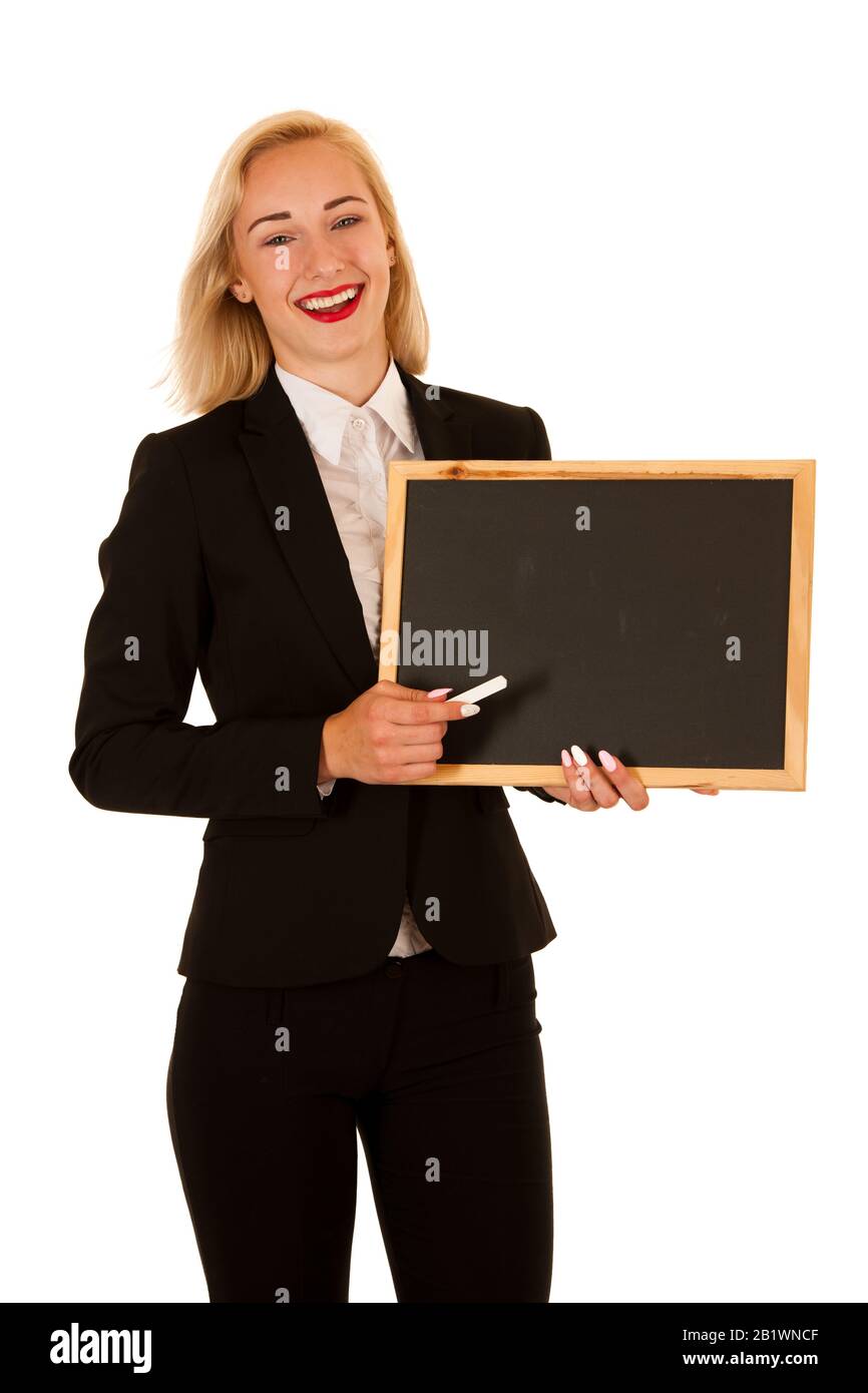 Attractive business woman holding a blank banner for additional text or graphic isolated over white Stock Photo