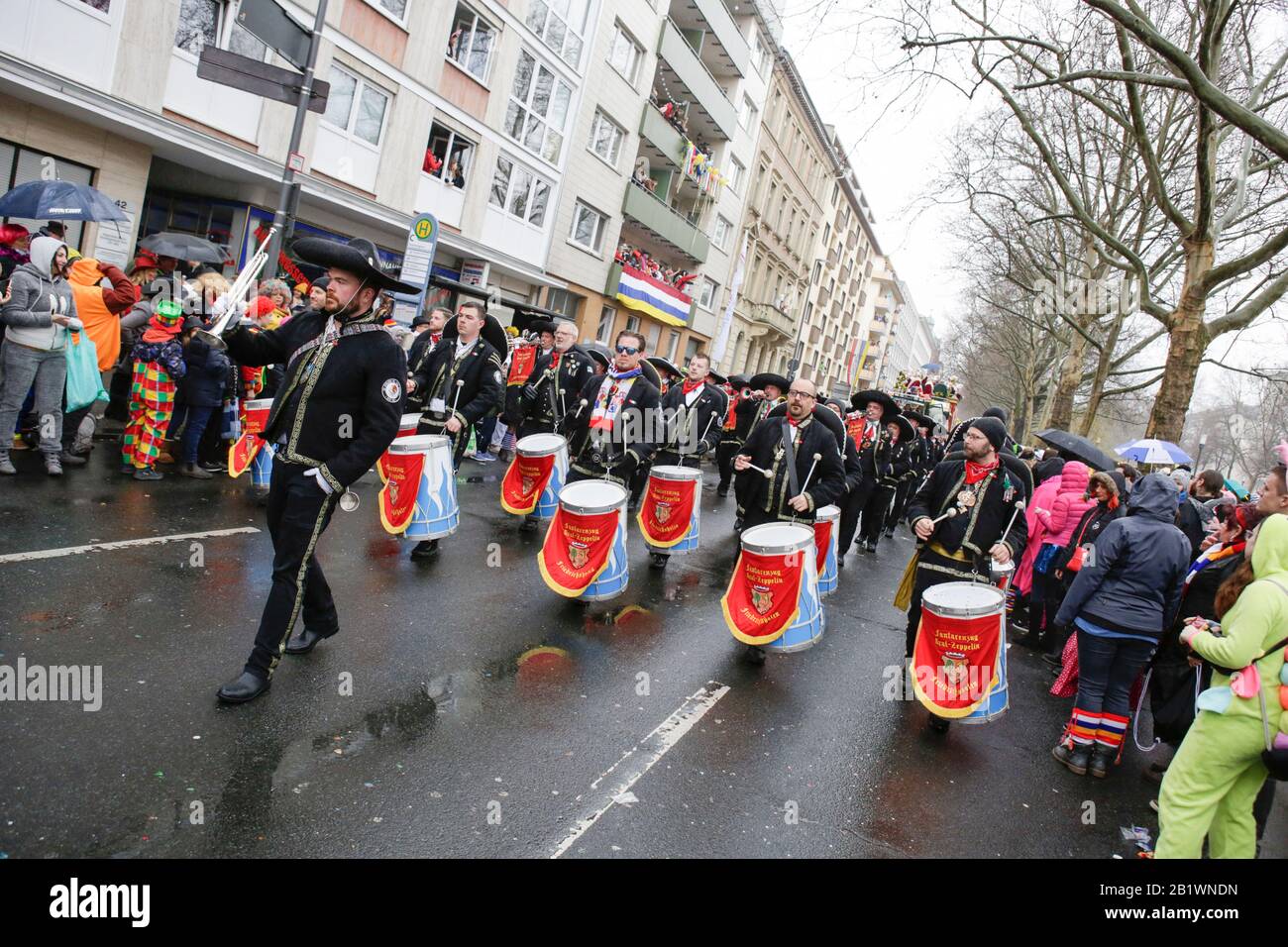 Mainz, Germany. 24th February 2020. Members of the fanfare band Fanfarenzug Graf-Zeppelin Friedrichshafen in the Mainz Rose Monday parade. Around half a million people lined the streets of Mainz for the traditional Rose Monday Carnival Parade. The 9 km long parade with over 9,000 participants is one of the three large Rose Monday Parades in Germany. Stock Photo