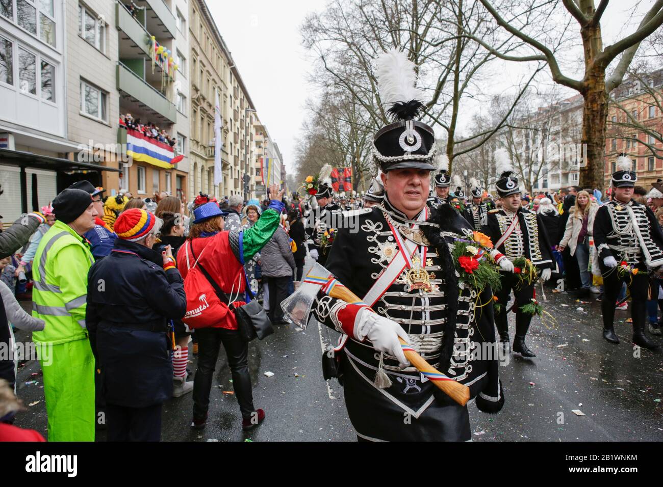 Mainz, Germany. 24th February 2020. Members of the carnival guards Schwarze Husaren Mainz march in the Mainz Rose Monday parade. Around half a million people lined the streets of Mainz for the traditional Rose Monday Carnival Parade. The 9 km long parade with over 9,000 participants is one of the three large Rose Monday Parades in Germany. Stock Photo