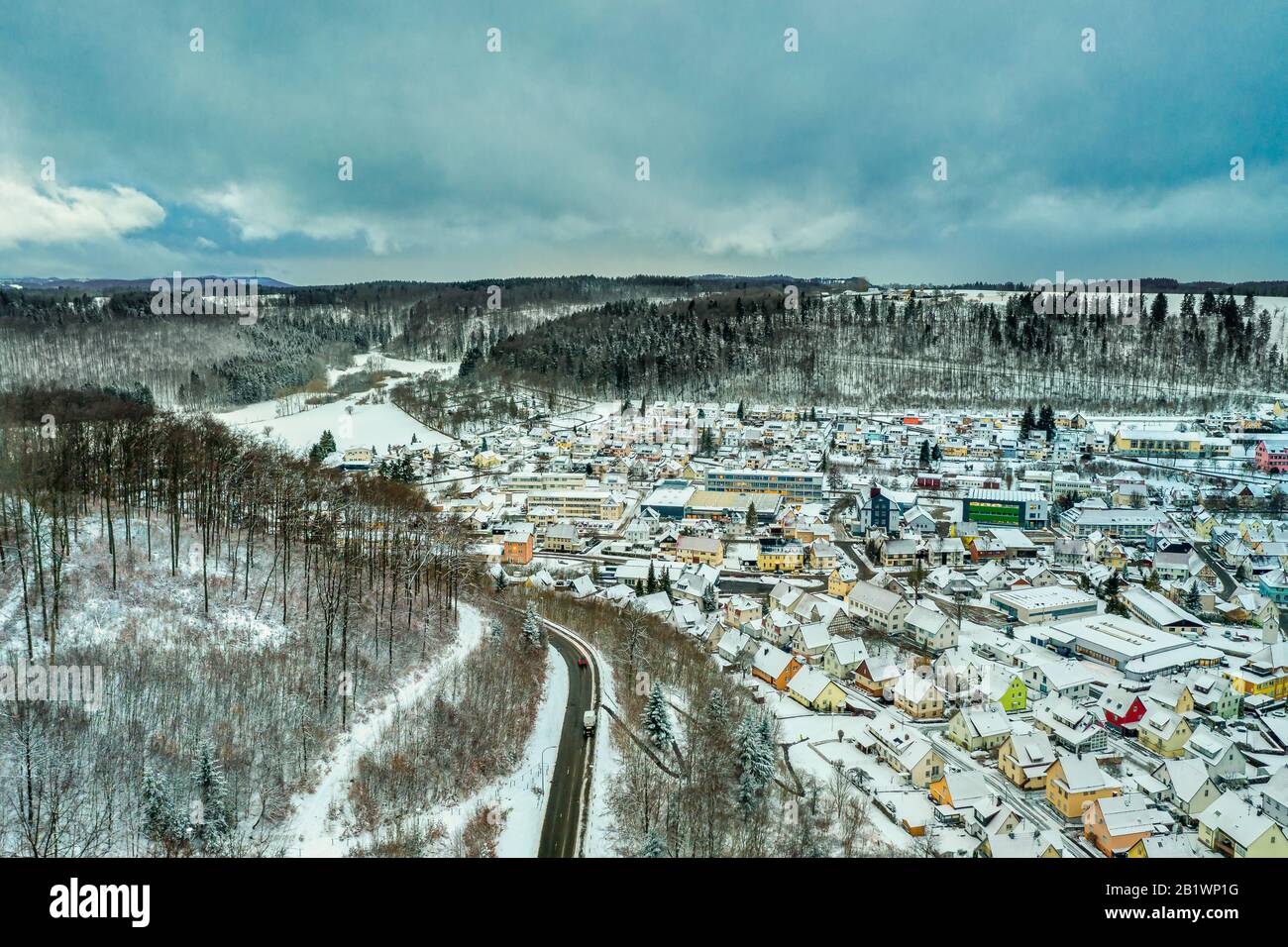 Albstadt, snow city at the Schwaebische Alb of germany in white