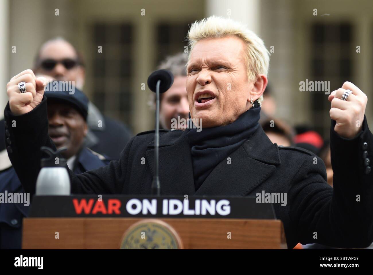 New York, NY, USA. 27th Feb, 2020. Billy Idol at a public appearance for Billy Idol Launches War on Idling Environmental Campaign, City Hall, New York, NY February 27, 2020. Credit: Kristin Callahan/Everett Collection/Alamy Live News Stock Photo