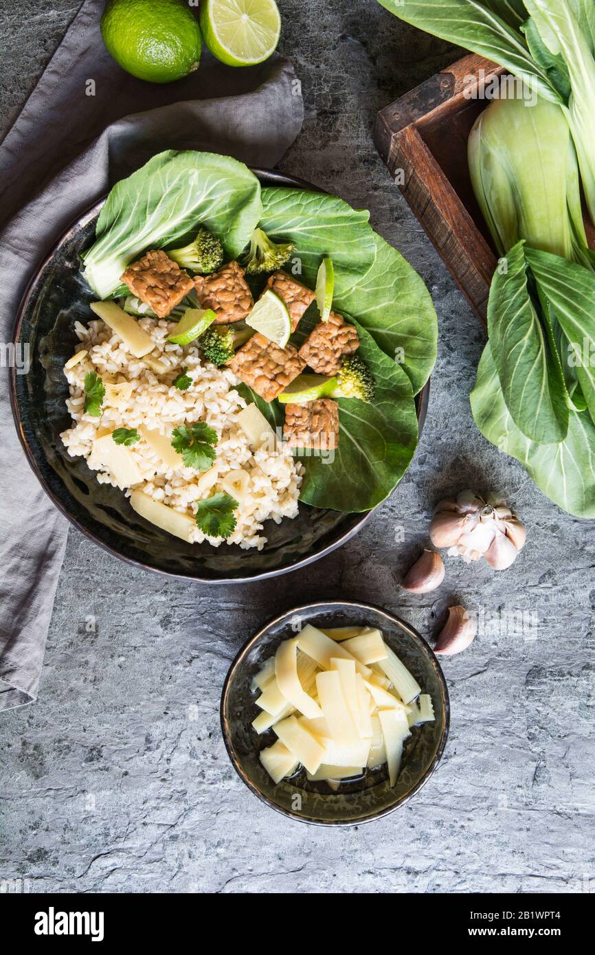 Tempeh with rice, bok choy, steamed broccoli and bamboo shoots on a