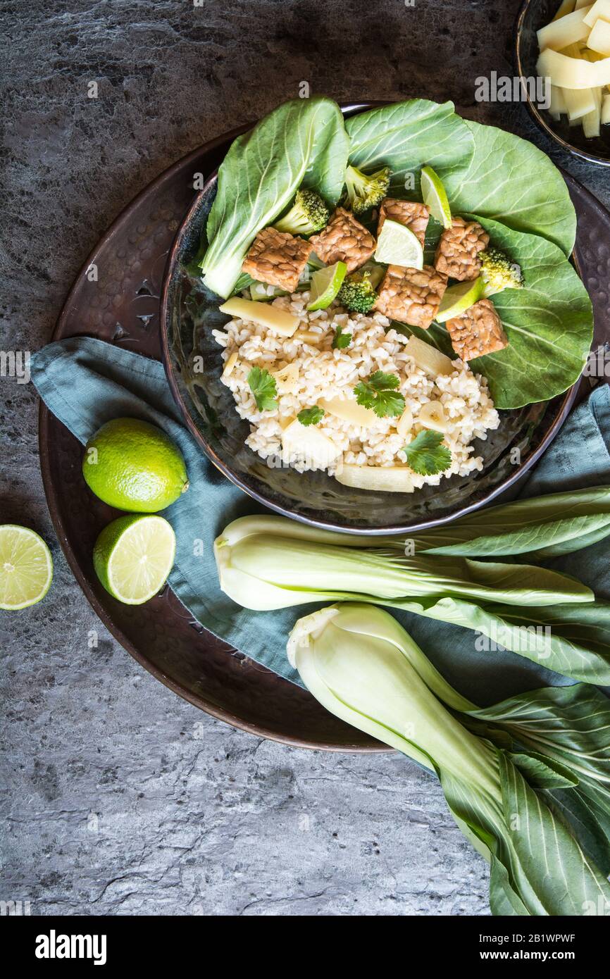 Tempeh with rice, bok choy, steamed broccoli and bamboo shoots on a