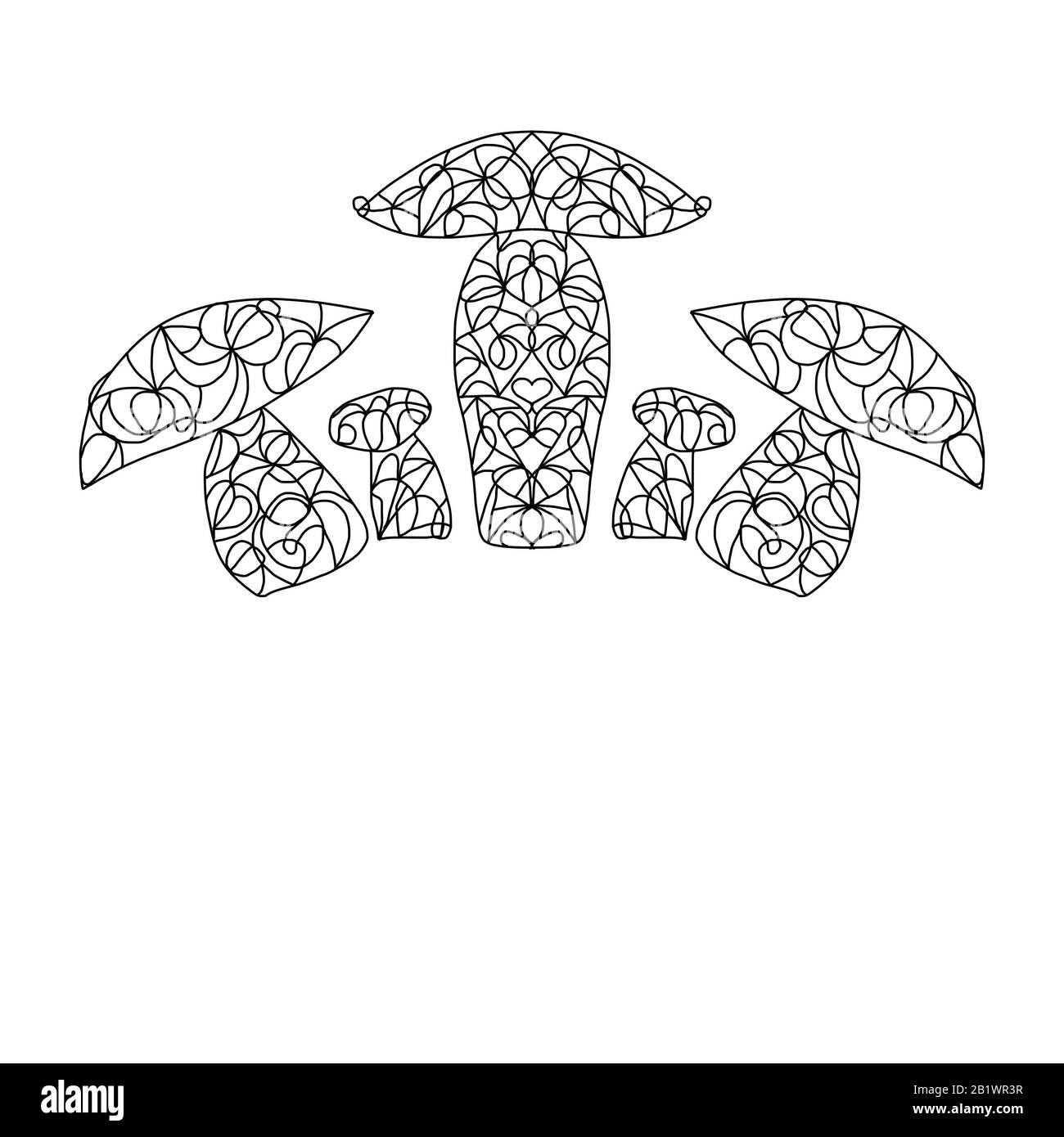 Five mushrooms of different sizes with a symmetrical ornament for coloring. Stock Photo